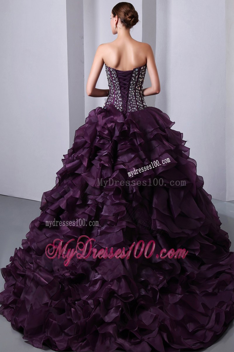 Sweetheart Brush Train Purple A-Line Quinceanera Dress Beading Layers