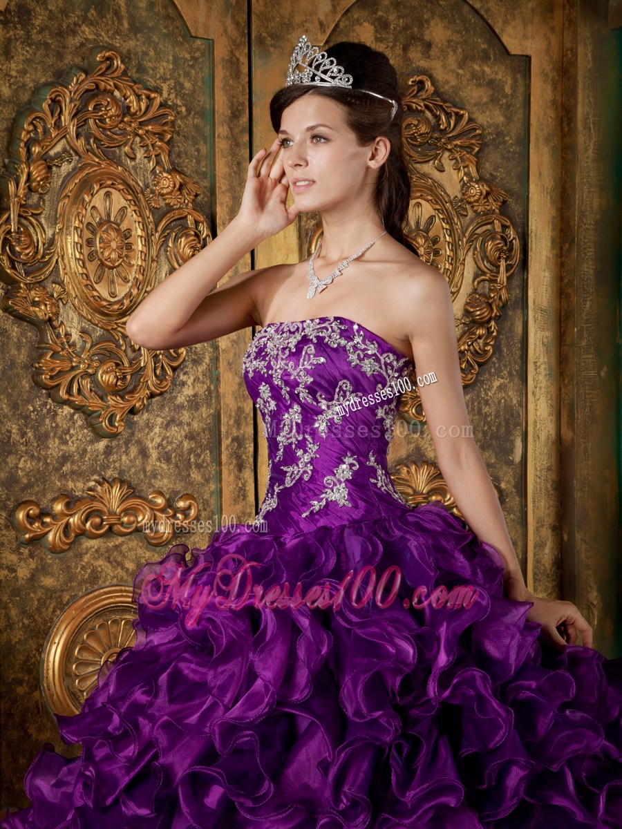 Purple Ball Gown Strapless Appliques and Ruffles Quinceanera Dress