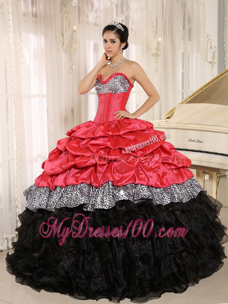 Watermelon and Black Ruffles Quinces Dresses Added Zebra Print