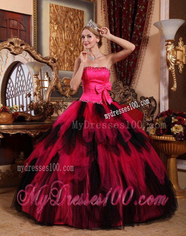 Strapless Red and Black Beading Bow and Ruffled Tulle Quinceanera Dress