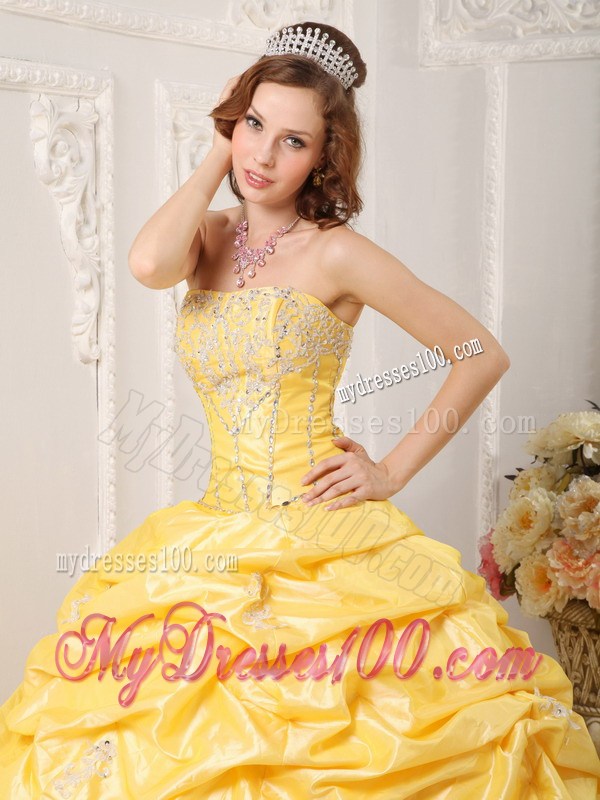 Yellow Strapless Quinceanera Dress with Appliques and Beading