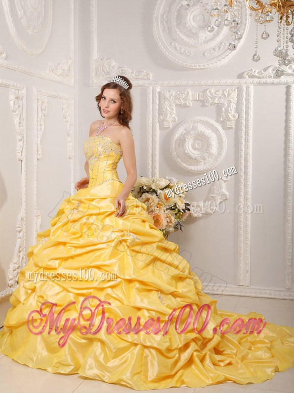 Yellow Strapless Quinceanera Dress with Appliques and Beading