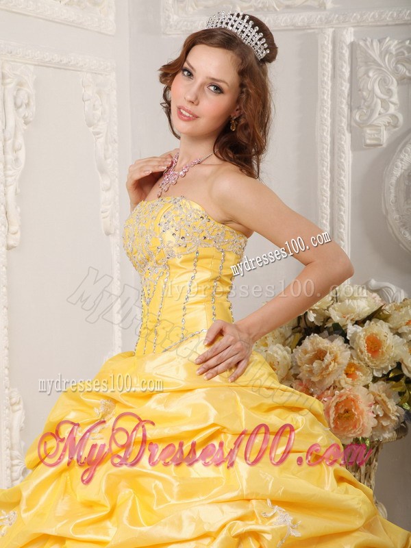 Yellow Strapless Quinceanera Dress with Appliques and Beading