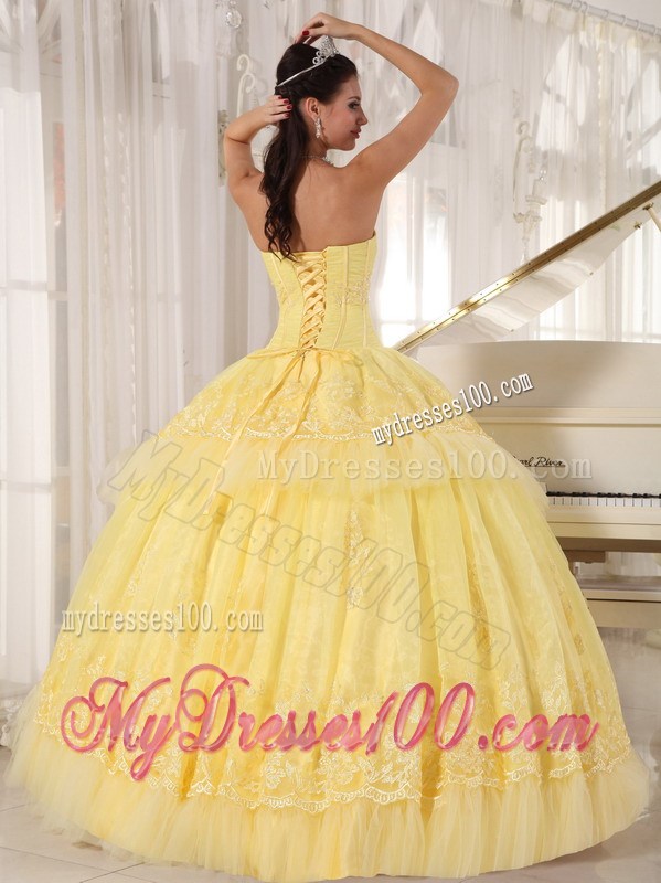 Yellow Ball Gown Sweetheart Appliques Beaded Tulle Quinceanera Dress