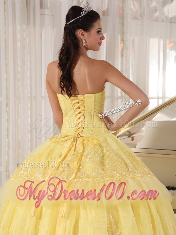 Yellow Ball Gown Sweetheart Appliques Beaded Tulle Quinceanera Dress