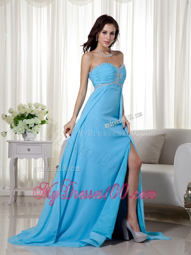 Baby Blue Sweetheart Brush Train Beading and Ruches Evening Dresses