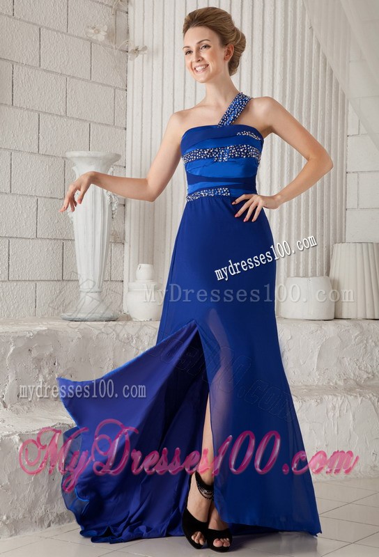 Blue Column One Shoulder Brush Train Beading Formal Evening Dresses