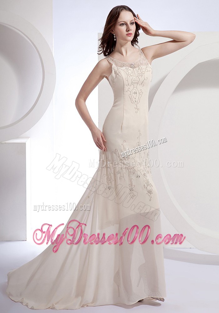 Champagne Beading Scoop Brush Train 2013 Foraml Evening Dresses