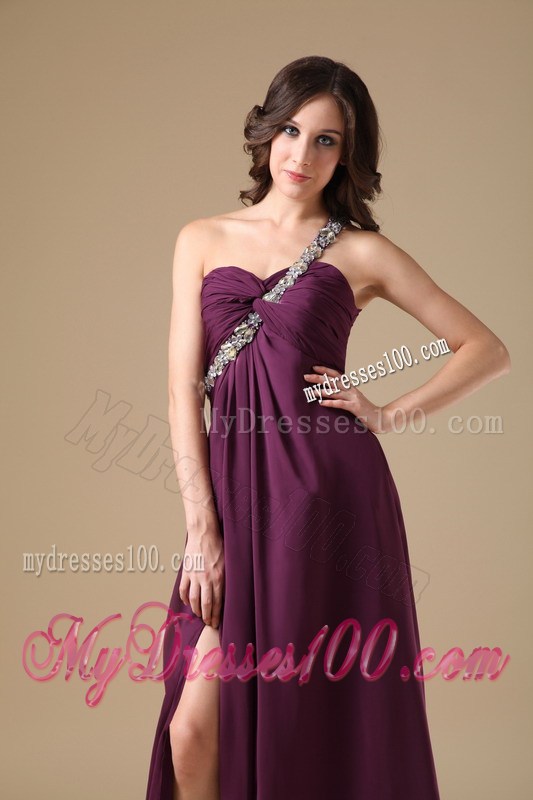 Elegant Dark Purple Empire One Shoulder Prom Dress with Beading