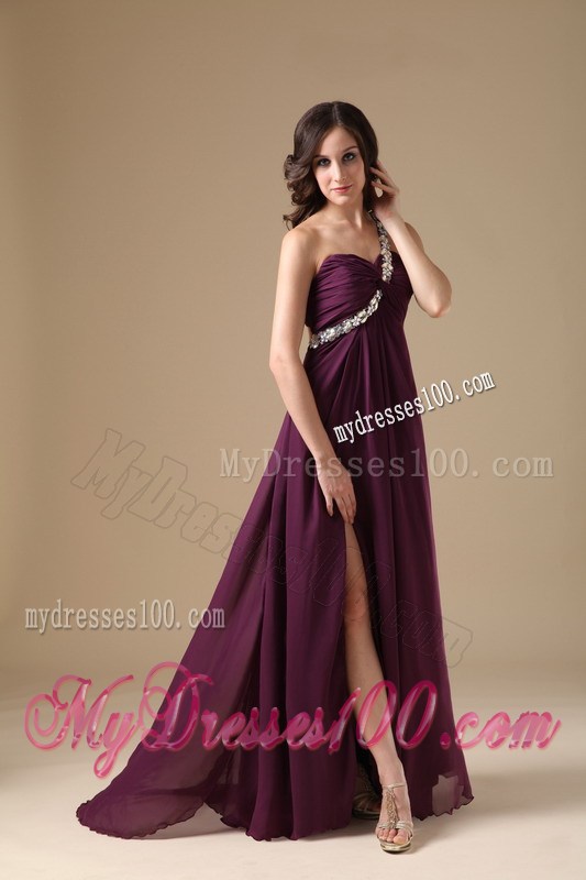 Elegant Dark Purple Empire One Shoulder Prom Dress with Beading