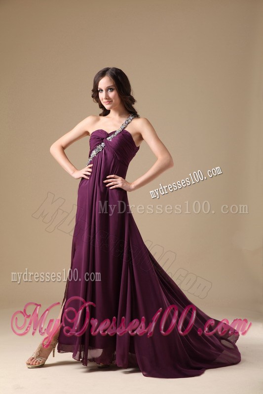 Elegant Dark Purple Empire One Shoulder Prom Dress with Beading