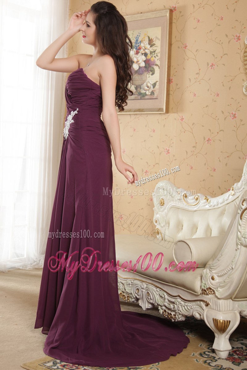 Dark Purple Column Sweetheart Evening Dresses Appliques Brush Train