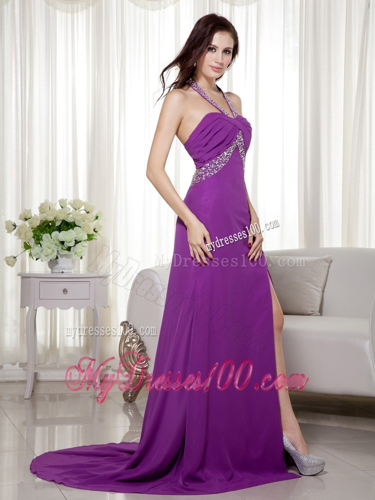 Purple Column Halter Brush Train Beading and Ruches Prom Celebrity Dress