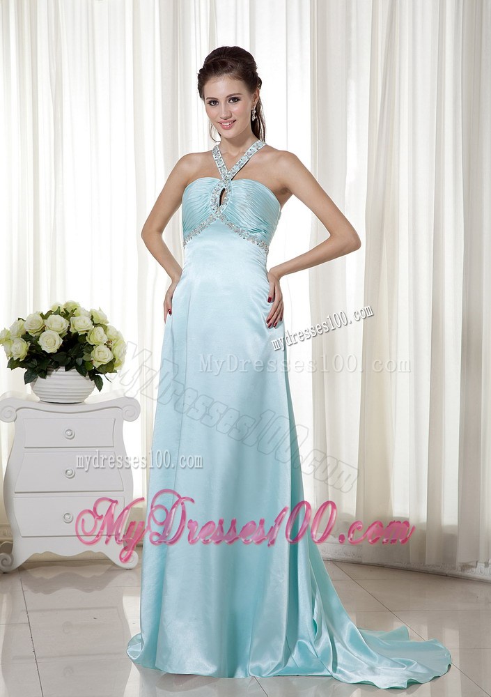 Light Blue Empire Halter Brush Train Beading 2013 Prom Dress