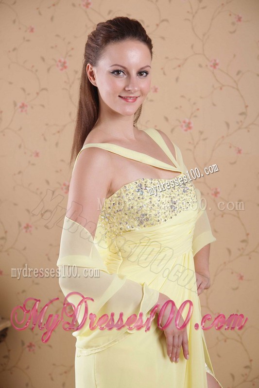 Light Yellow Empire Asymmetrical Beading and Rhinestones Prom Evening Dress