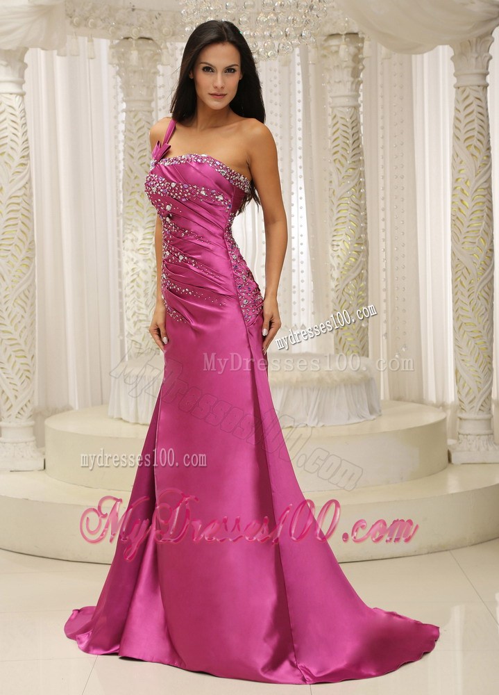 One Shoulder Beaded Decorate Bodice For Formal Evening Dress