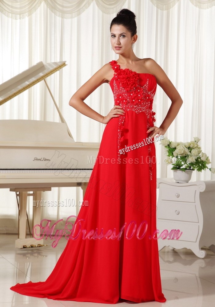 Red Evening Dress One Shoulder With Hand Made Flowers Beaded and Ruched Bodice