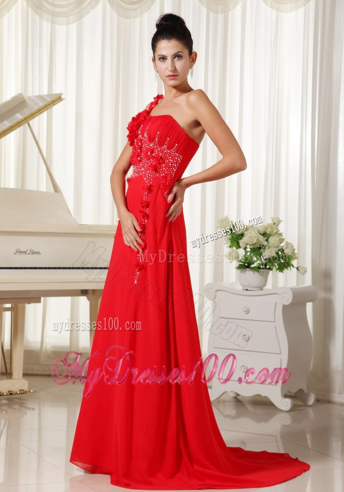 Red Evening Dress One Shoulder With Hand Made Flowers Beaded and Ruched Bodice