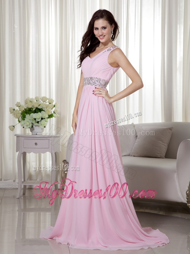 Baby Pink One Shoulder Brush Train Beading and Ruching Evening Dresses