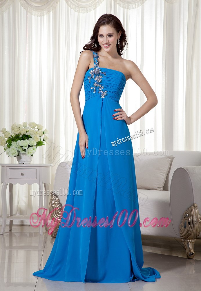 Blue Empire One Shoulder Brush Train Prom Dress with Appliques