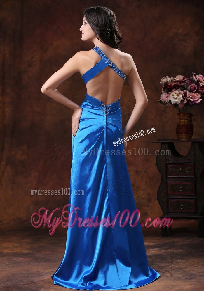 Sky Blue High Slit One Shoulder Evening Dress With Beaded Decorate Waist