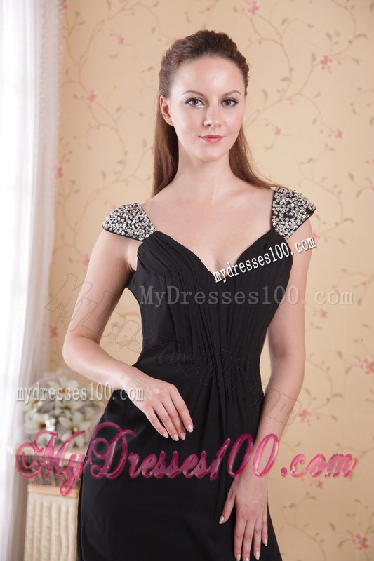 Black Sheath V-neck Brush Train Beading and Ruched Evening Dress