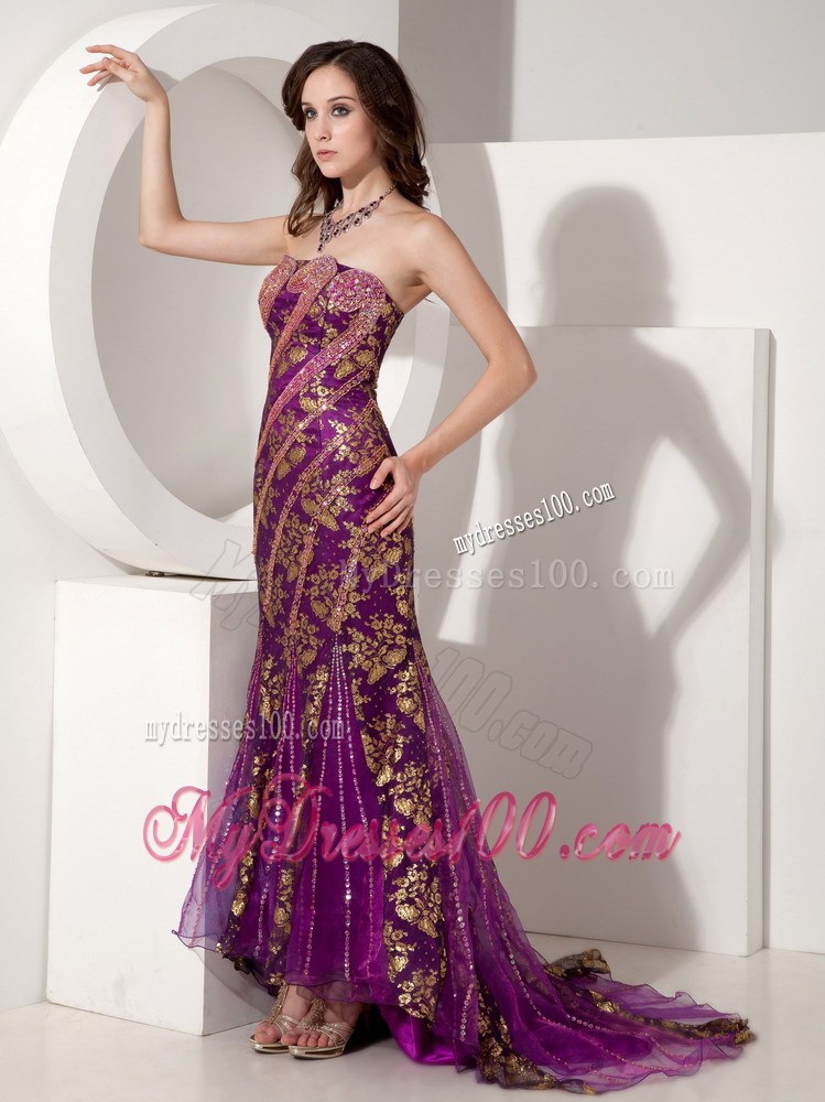 Customize Purple and Gold Trumpet / Mermaid Evening Dress Strapless Special Fabric Beading Court Train