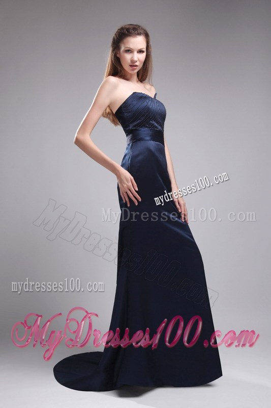 Perfect Strapless Brush Train Beading Navy Blue Foraml Evening Dresses