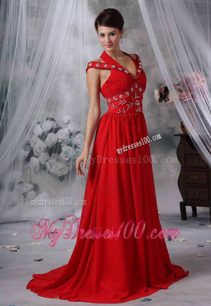 V-neck Beaded Decorate Waist Ruched Brush Train Red Evening Dress