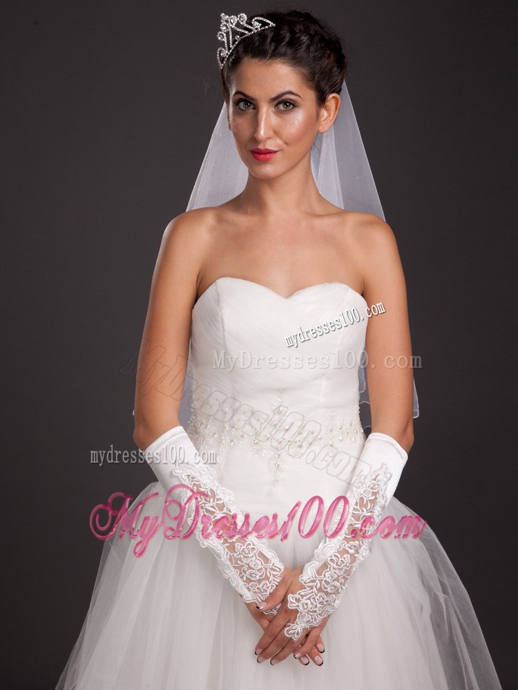 Chic Satin Elbow Length Fingerless Appliques Bridal Gloves