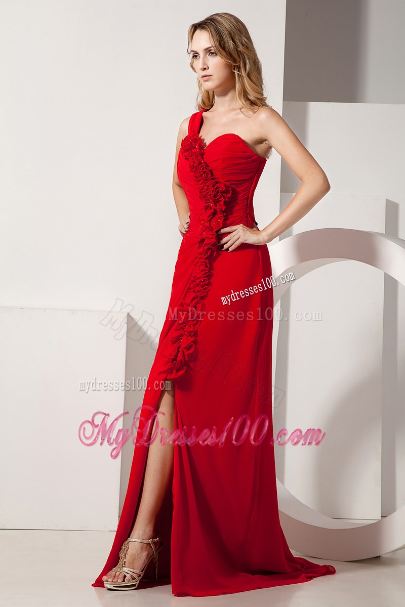 Red Empire One Shoulder Hand Made Flowers Celebrity Dresses