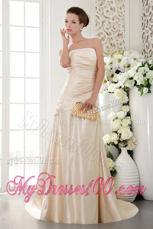 Champagne Column Strapless Pleat and Beading Long Celebrity Dresses