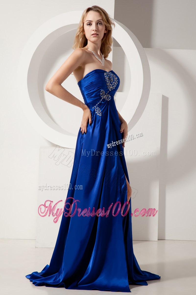 Royal Blue Column Strapless Celebrity Dresses Elastic Wove Satin Beading