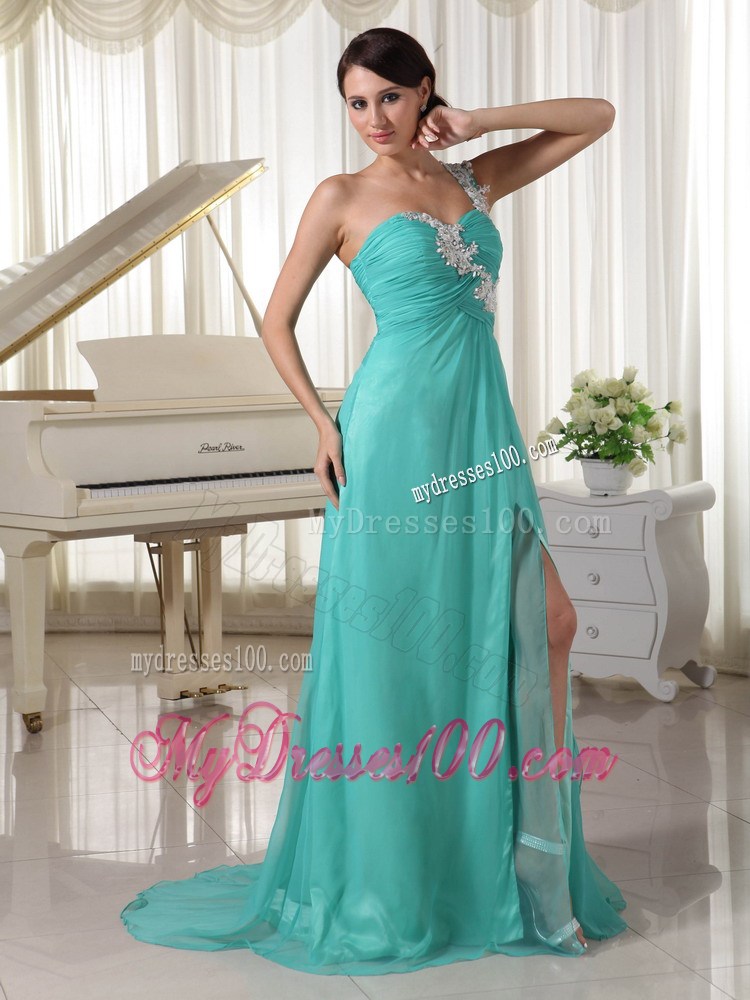 Turquoise Appliques One Shoulder Sexy Graduation Dress with High Slit