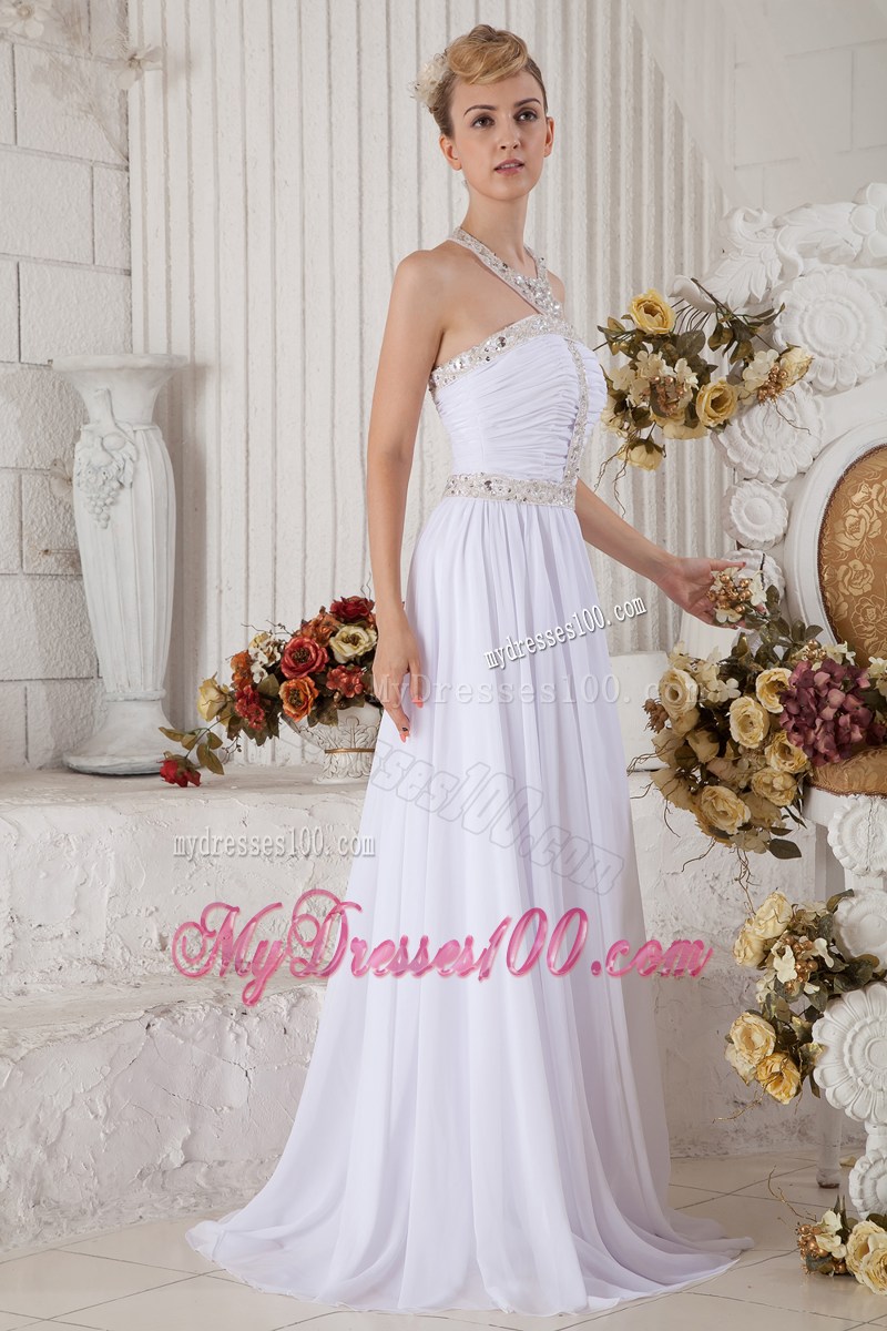 2013 Unique White Halter Top Graduation Dress with Beading