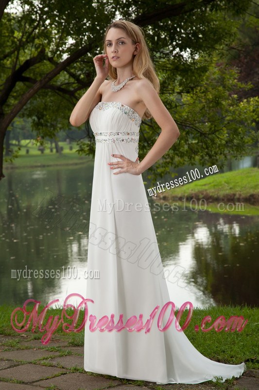 White Empire Strapless Brush Train Beaded Prom Graduation Dresses