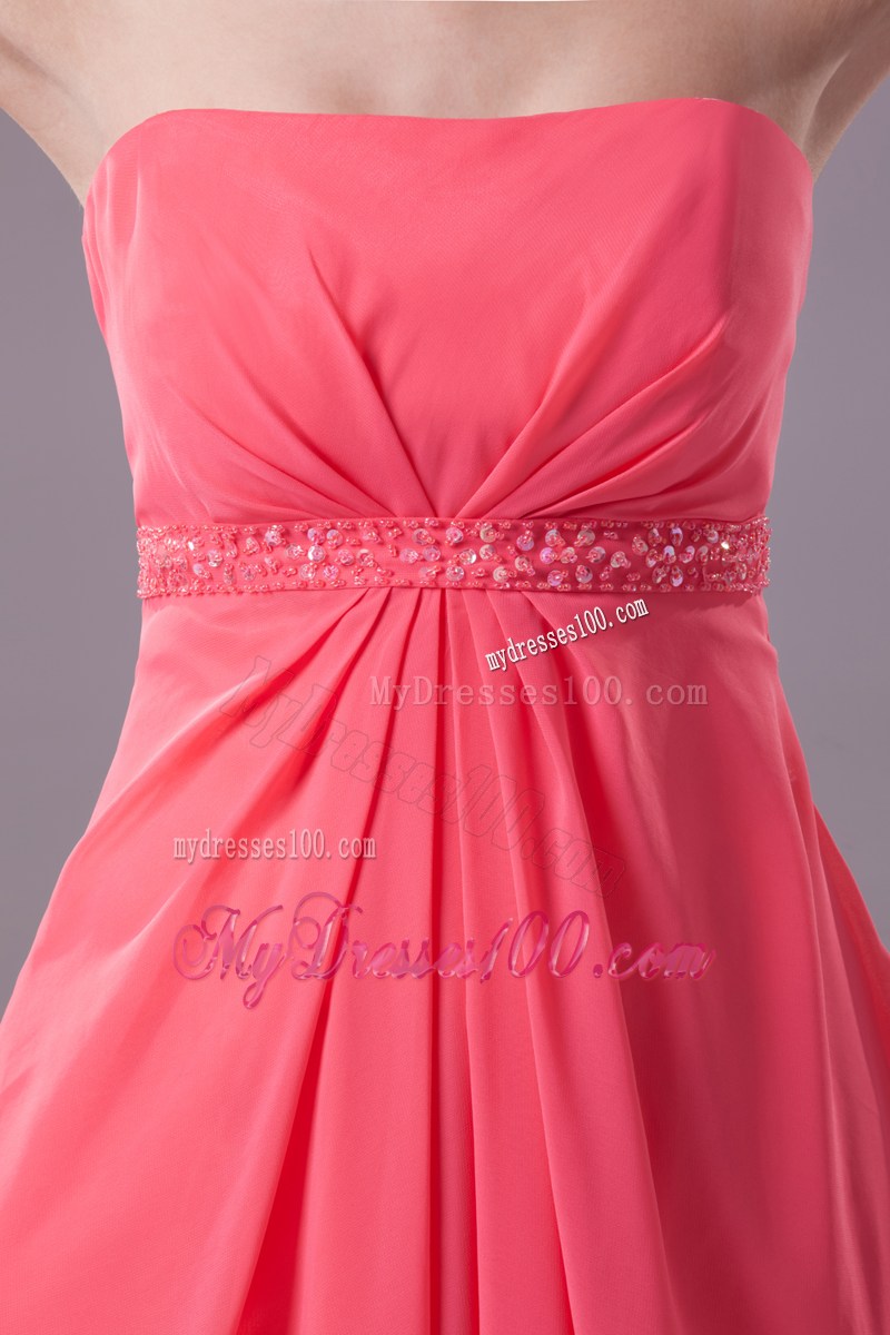 Beading Strapless Watteau Train Watermelon Prom Dress