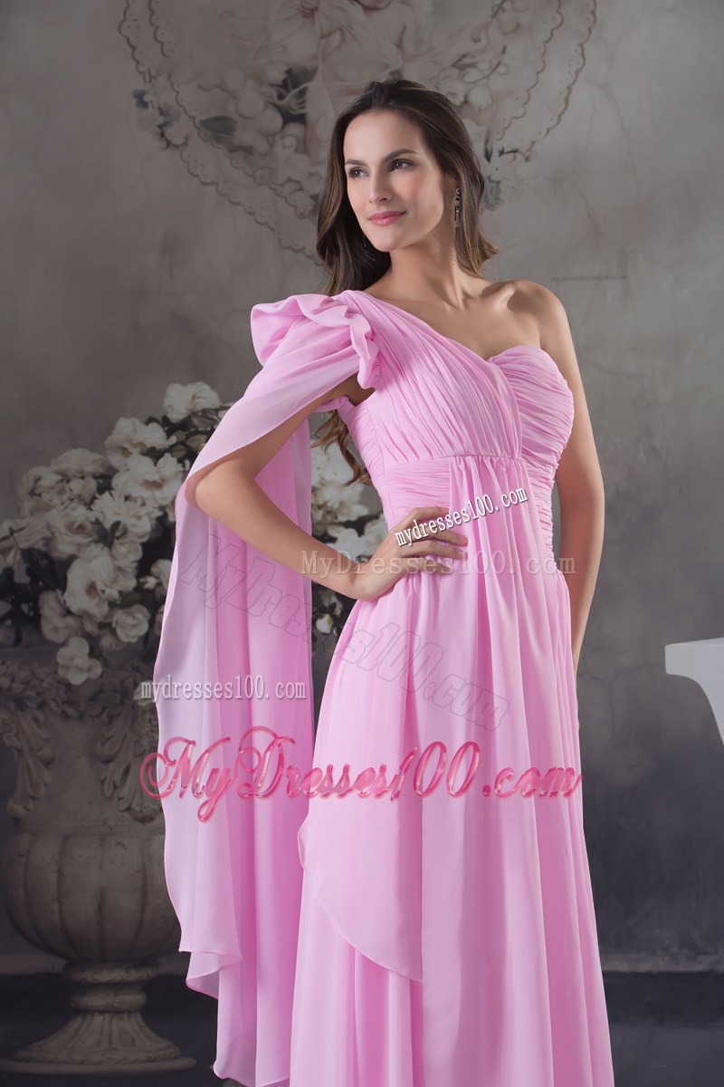 Column Ruching One Shoulder Watteau Train long Pink Prom Dress