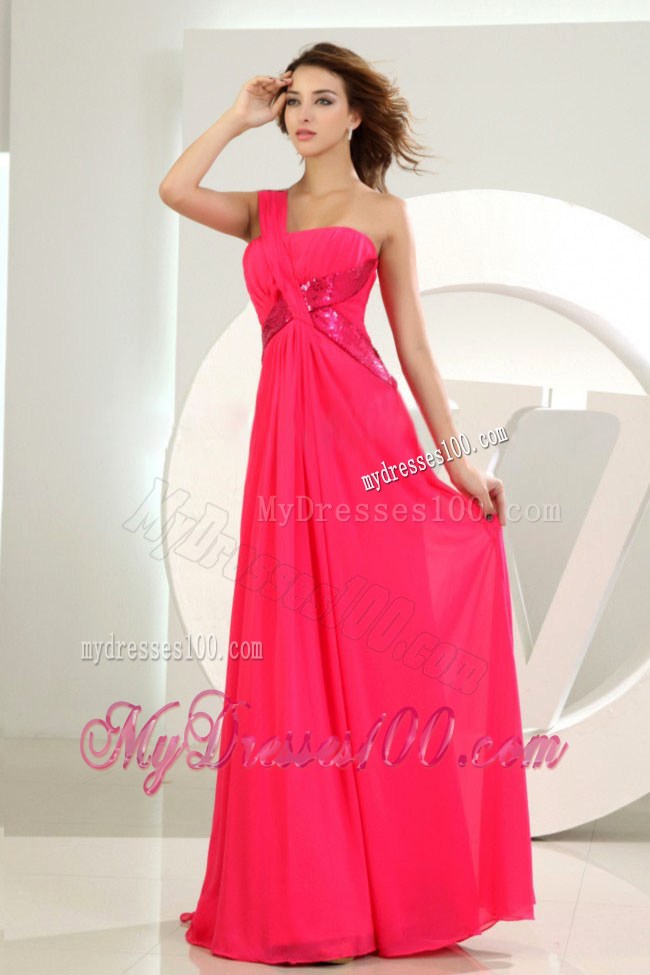 One Shoulder Coral Red Prom Graduation Dress Empire Floor-length