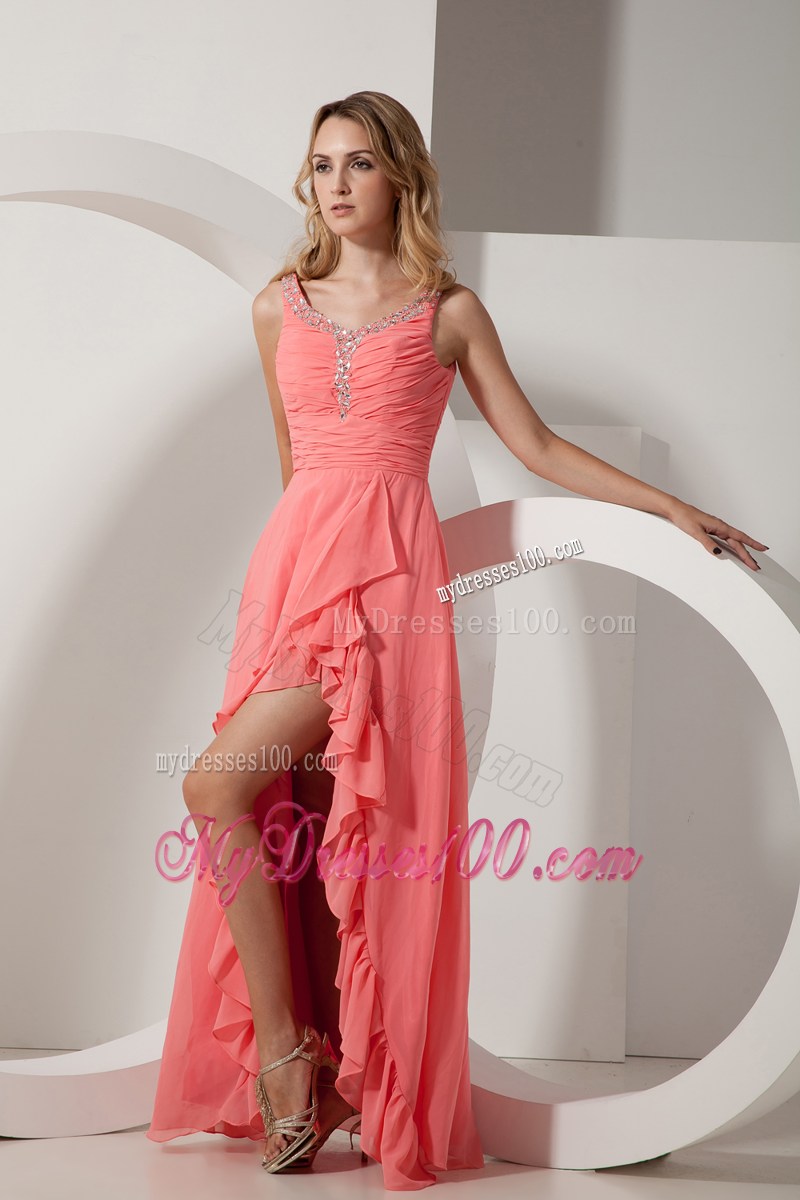 Watermelon Red Empire V-neck Floor-length Beaded Graduation Dress