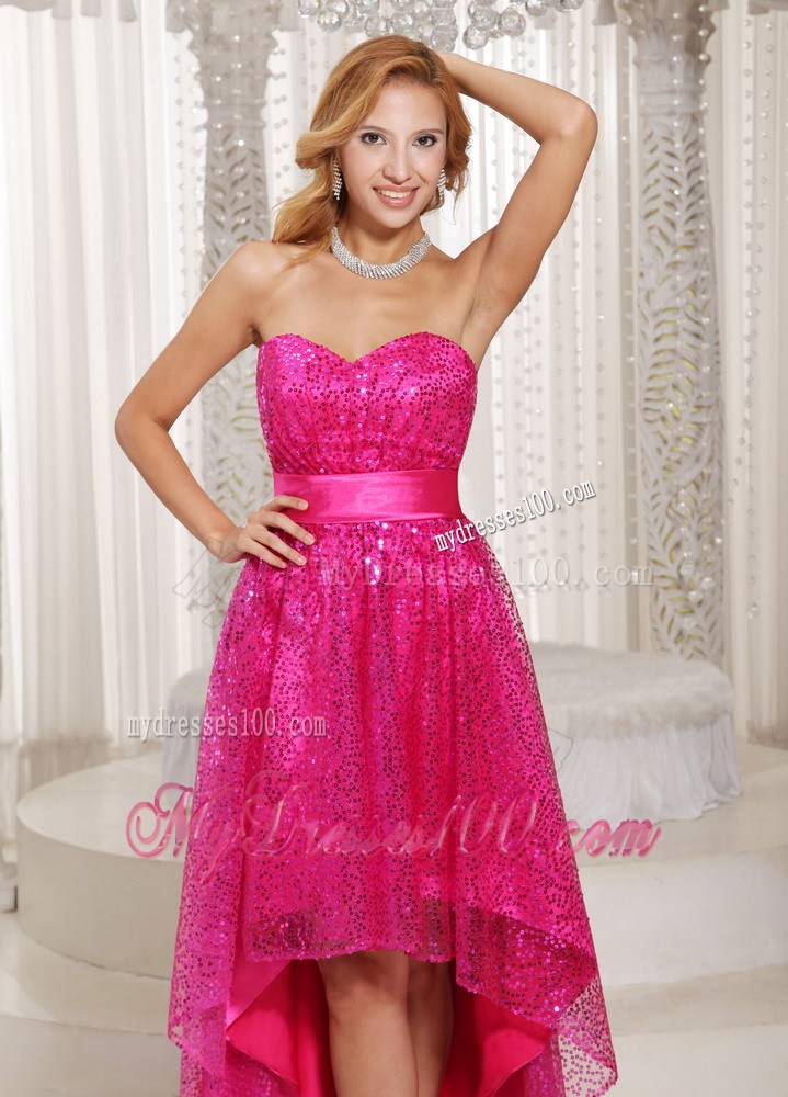 Hot Pink Paillette Over Skirt High-low Sweetheart Homecoming Dresses