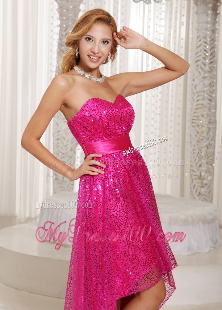 Hot Pink Paillette Over Skirt High-low Sweetheart Homecoming Dresses