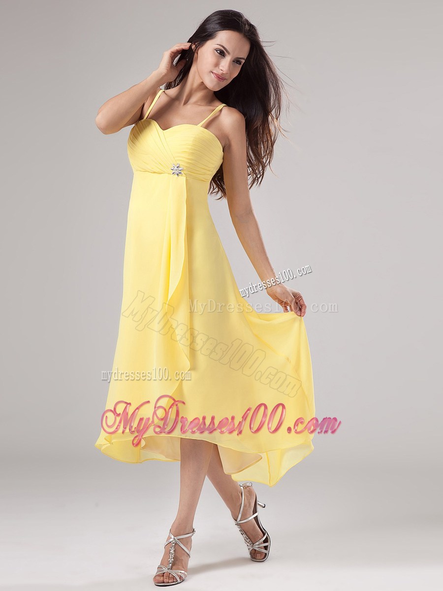 Simple Yellow Spaghetti Straps Homecoming Dresses Beading Ruche