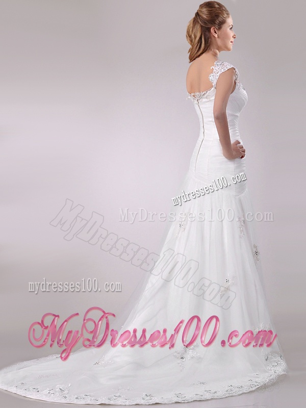 Exquisite Square Tulle Mermaid Brush Train Wedding Dress with Beading