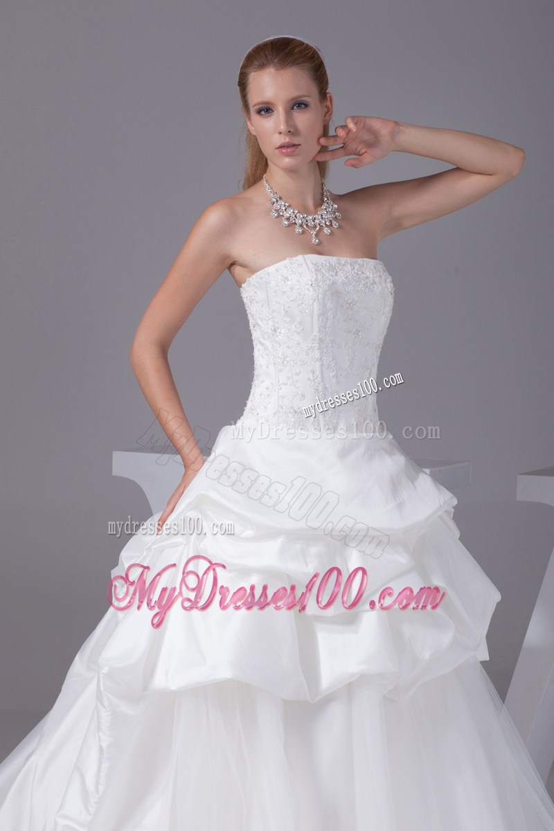 Strapless Court Train Wedding Dresses with Pick-ups and Appliques