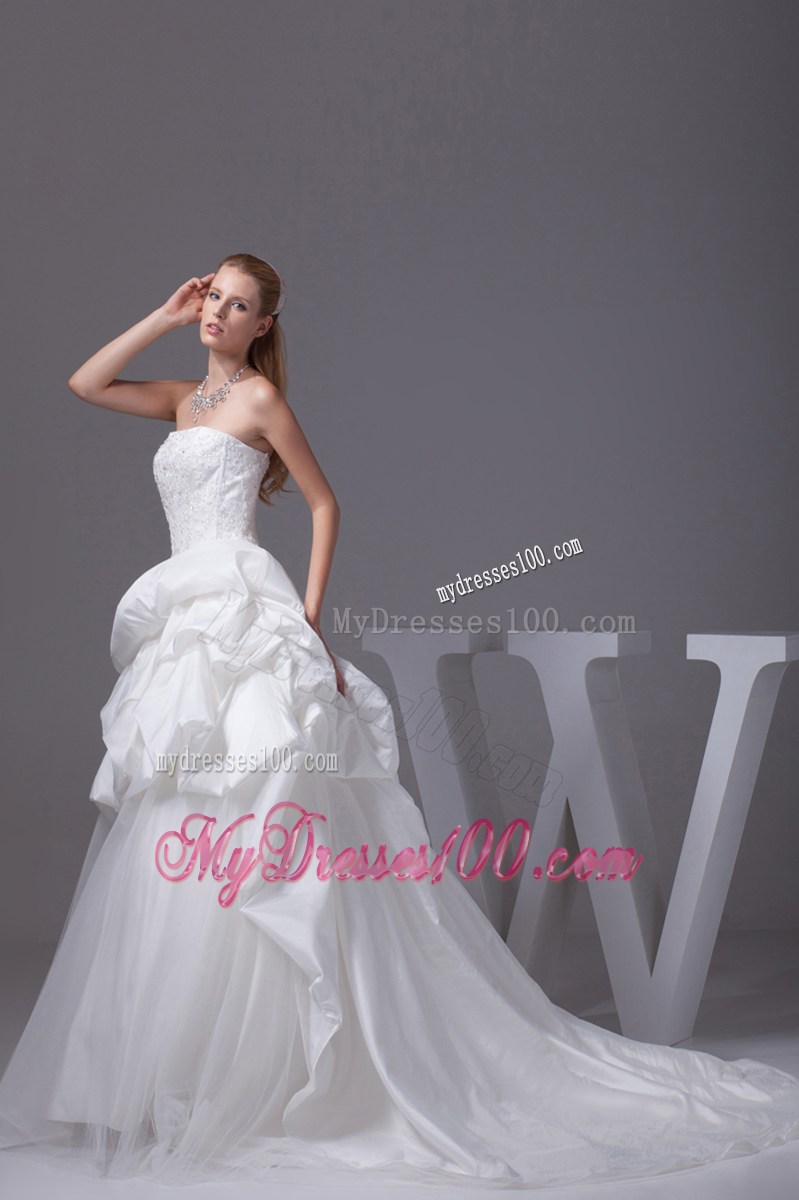 Strapless Court Train Wedding Dresses with Pick-ups and Appliques