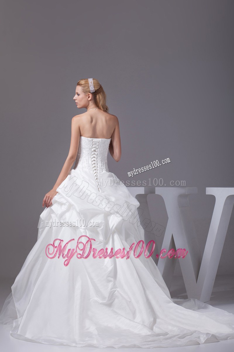 Strapless Court Train Wedding Dresses with Pick-ups and Appliques