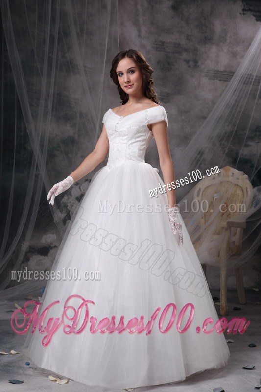 Appliques Accent Floor-length Tulle Wedding Dress Off Shoulder