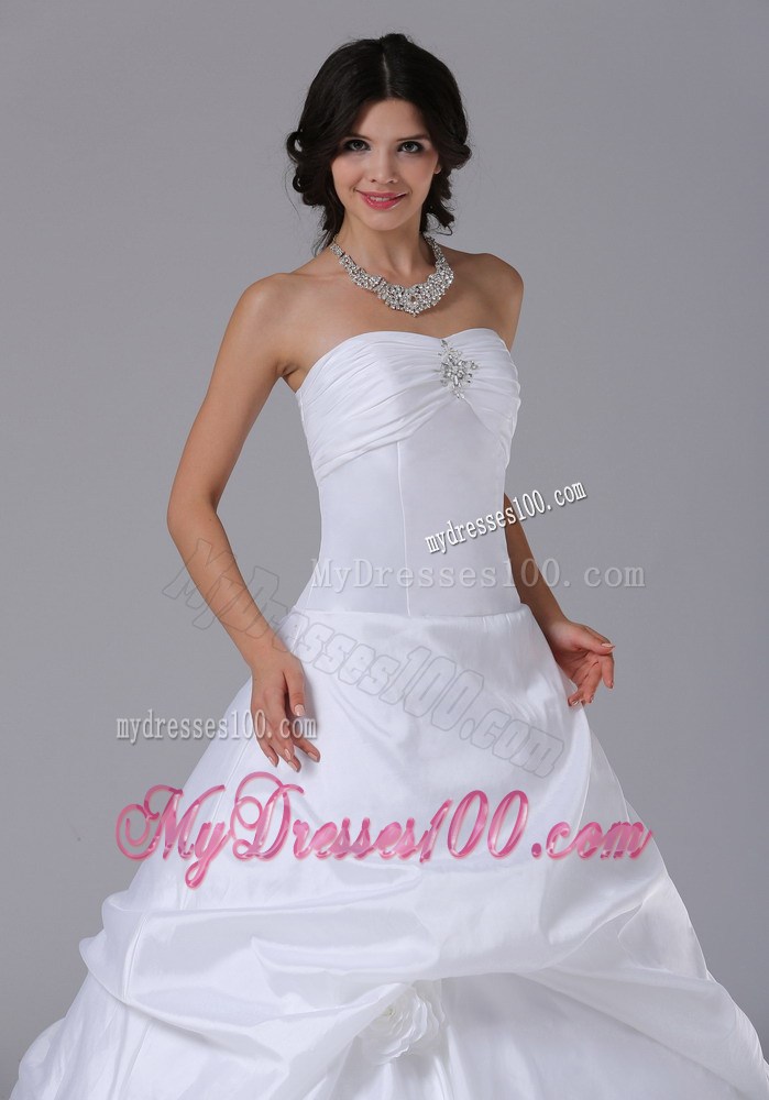 Ruches and Flowers Accent on Strapless White Taffeta Wedding Gowns