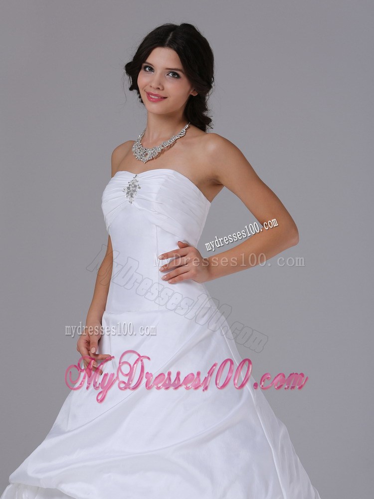 Ruches and Flowers Accent on Strapless White Taffeta Wedding Gowns